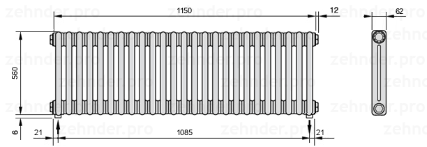 Схема (чертеж) Радиатор Zehnder Charleston 2056/25 №3570 Белый глянцевый RAL 9016